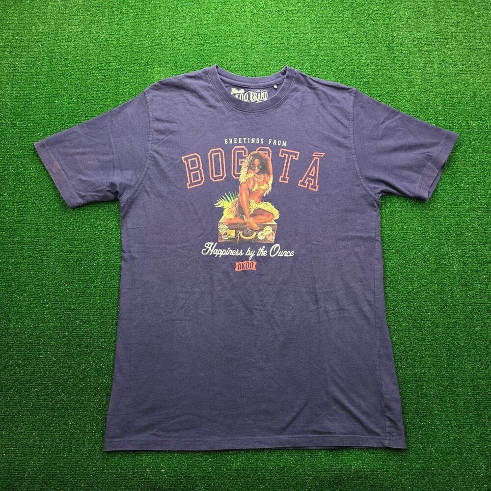 Akoo Tshirt Mens Large Blue Greetings From Bogota Summer Beach Casual Streetwear